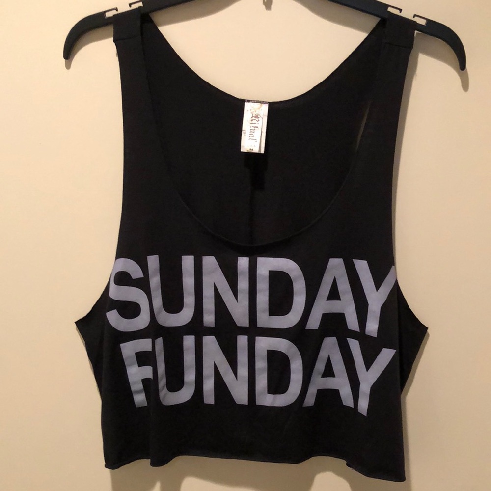 “Sunday Funday” racer back flyaway crop tank! Color black! poly rayon span knit!